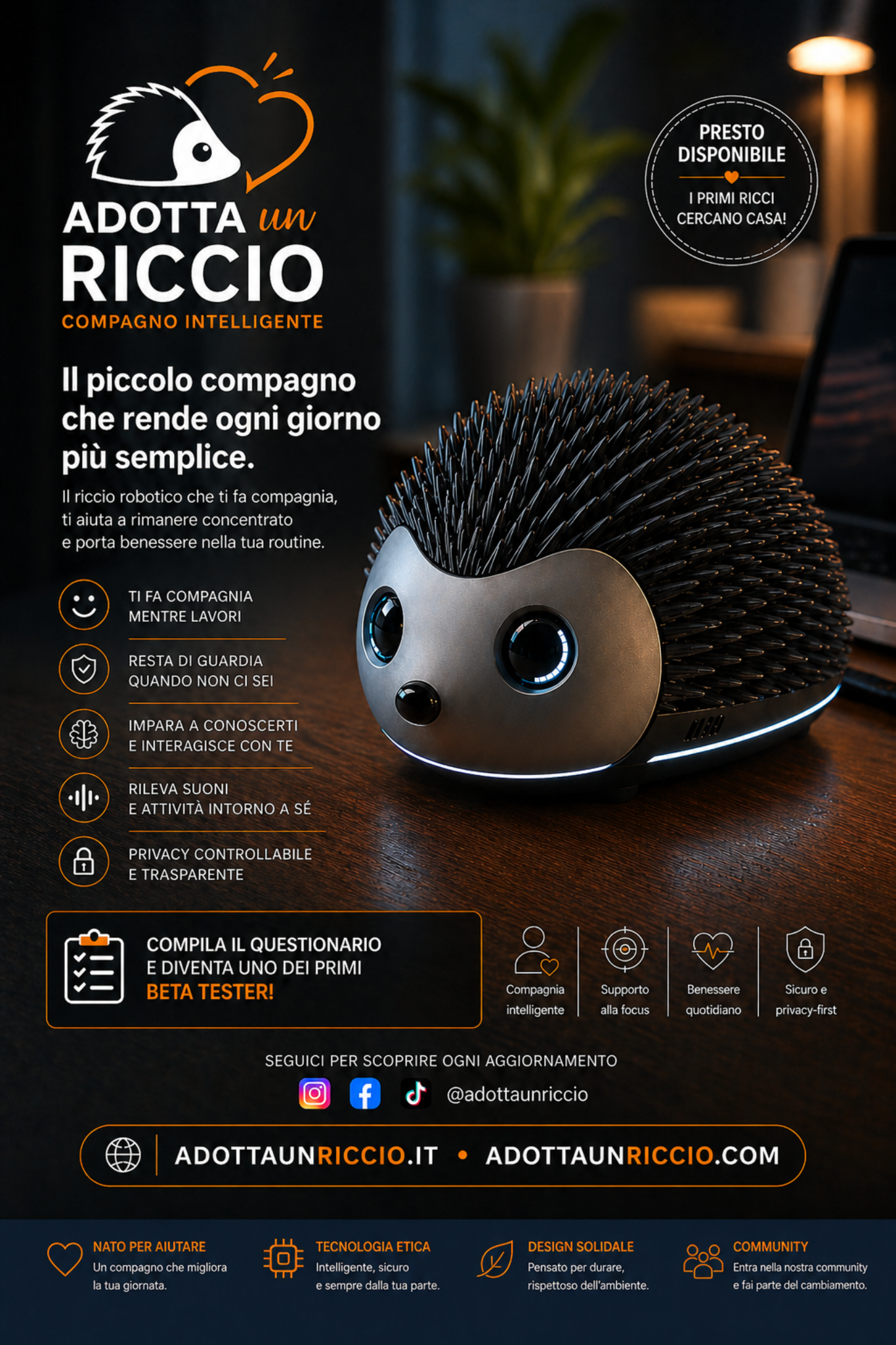Riccio robotico su una scrivania in stile caldo e tecnologico